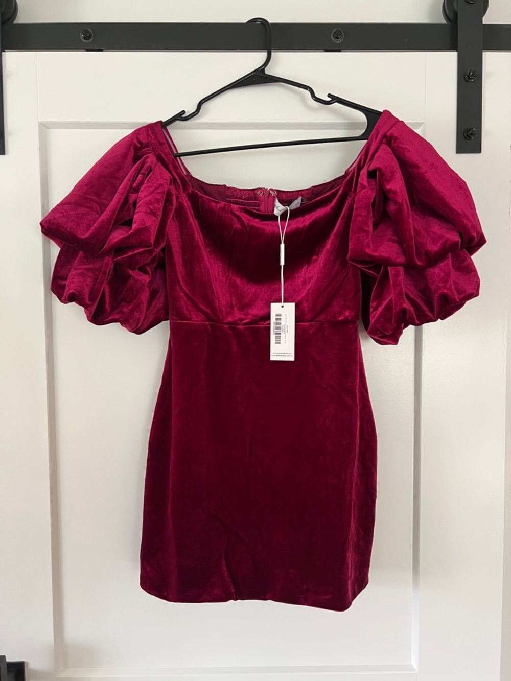 Petal & Pup Dali Off Shoulder Velvet Puff Sleeve Mini Dress - Ruby